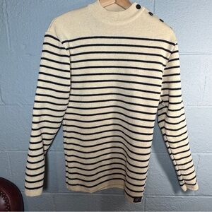 Saint James Cream and Navy Striped Crewneck Wool Sweater